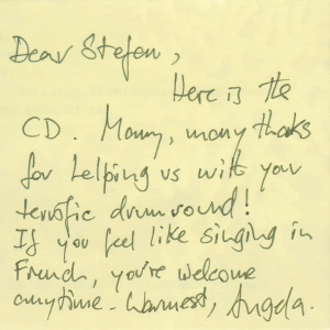 This is the note that Angela stuck to the CD.